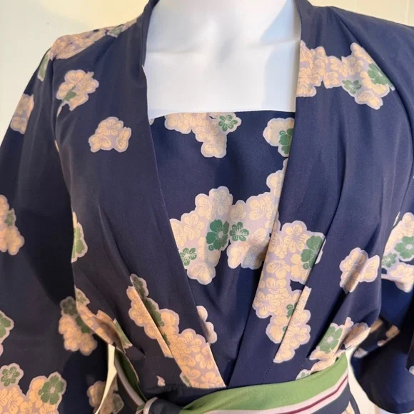 eShakti Wayward Fancies Floral kimono jumpsuit pockets navy green cream deep v - Picture 7 of 12